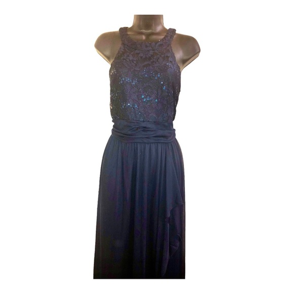 Dark blue sequin halter sheer chiffon faux wrap maxi evening dress gown size 10 - Picture 12 of 15